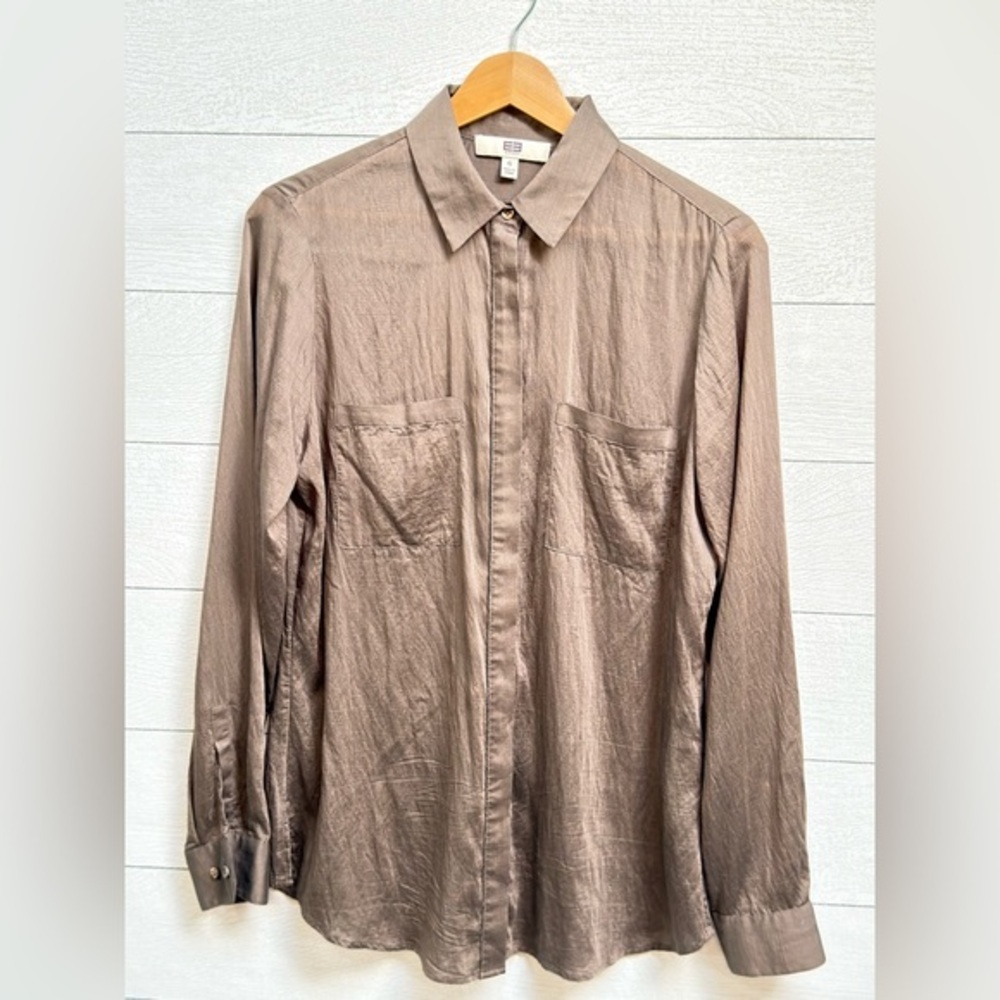 Etcetera Silk Blend Copper Metallic Button Down Shirt Beaded Detail Size 6